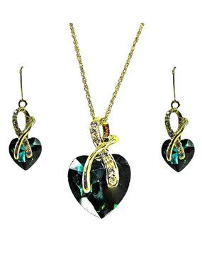 Green Large Crystal Heart Pendant Necklace Earring Set with Clear Crystals NEW